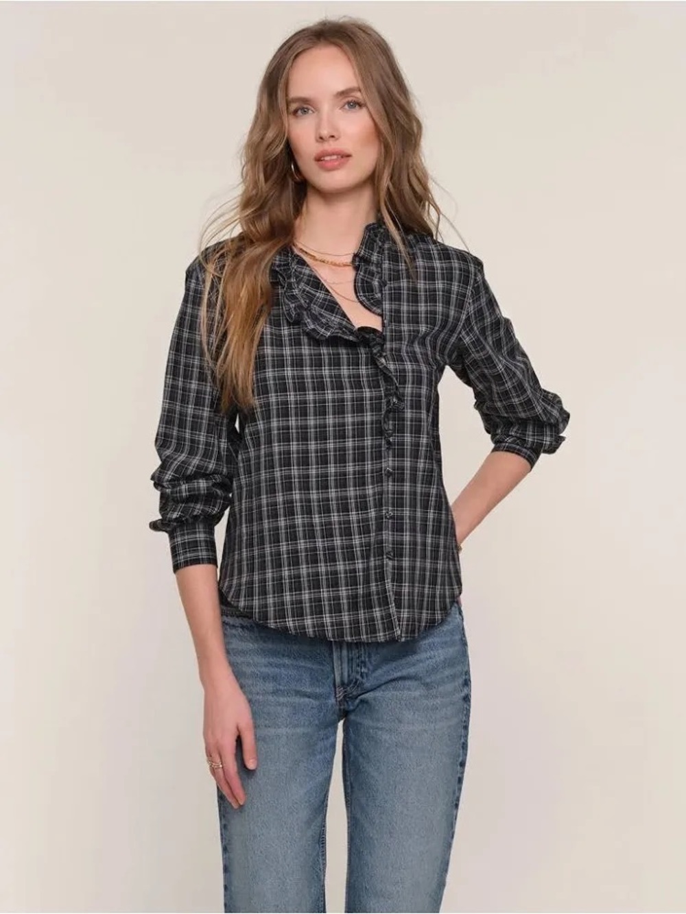 Heartloom Black Plaid Ruffle Button-Down Shirt